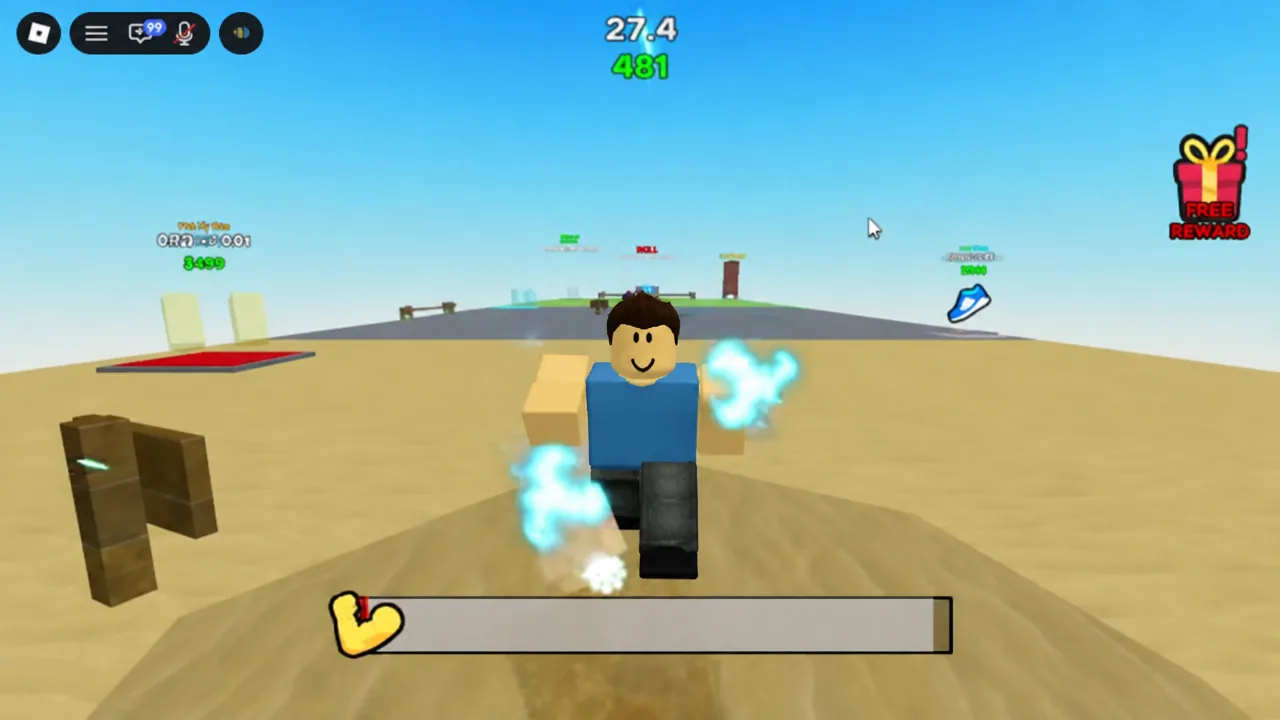 Avatar sprinting between cubes with blue speed effects and the status bar on screen