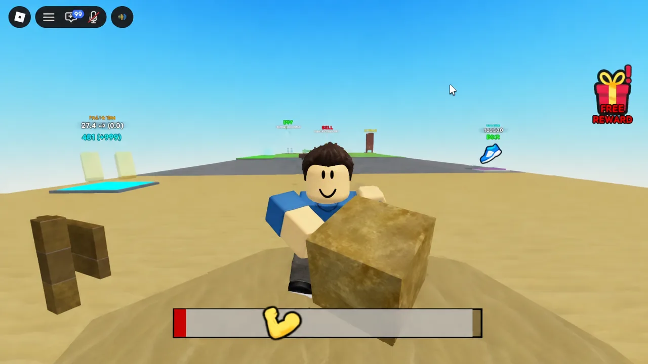 Avatar holding a stone cube overhead as the on-screen lift meter fills