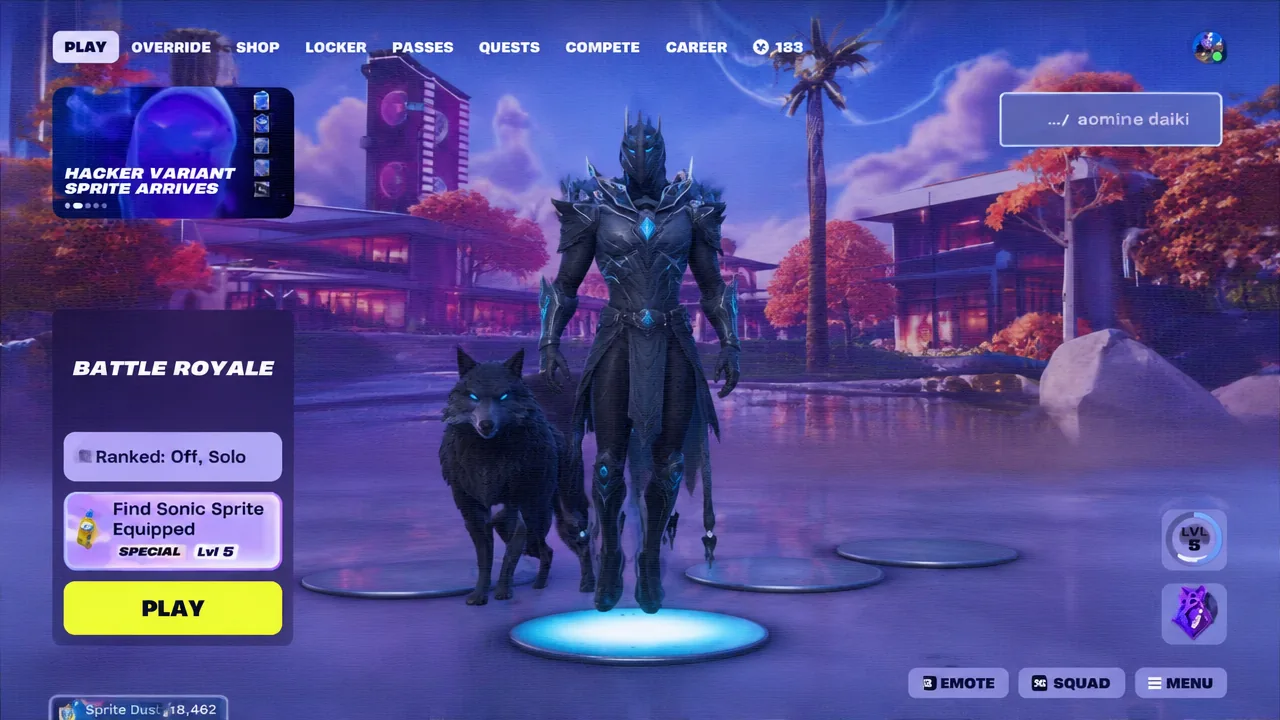 Fortnite Play screen with the yellow PLAY button highlighted to launch a Battle Royale match