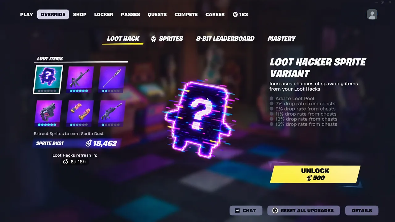 Loot Hack menu with the Loot Hacker Sprite Variant highlighted and an UNLOCK button ready