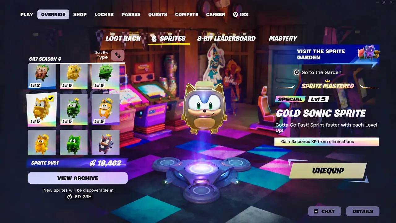 Sprites tab in Fortnite Override with the Gold Sonic Sprite selected and an Unequip button