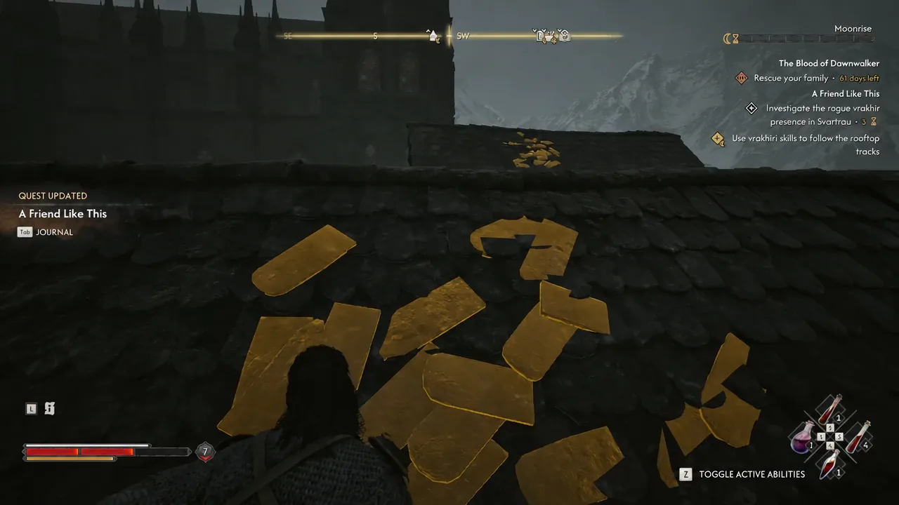 Focus Mode highlighting a patch of broken roof tiles in golden yellow during the quest