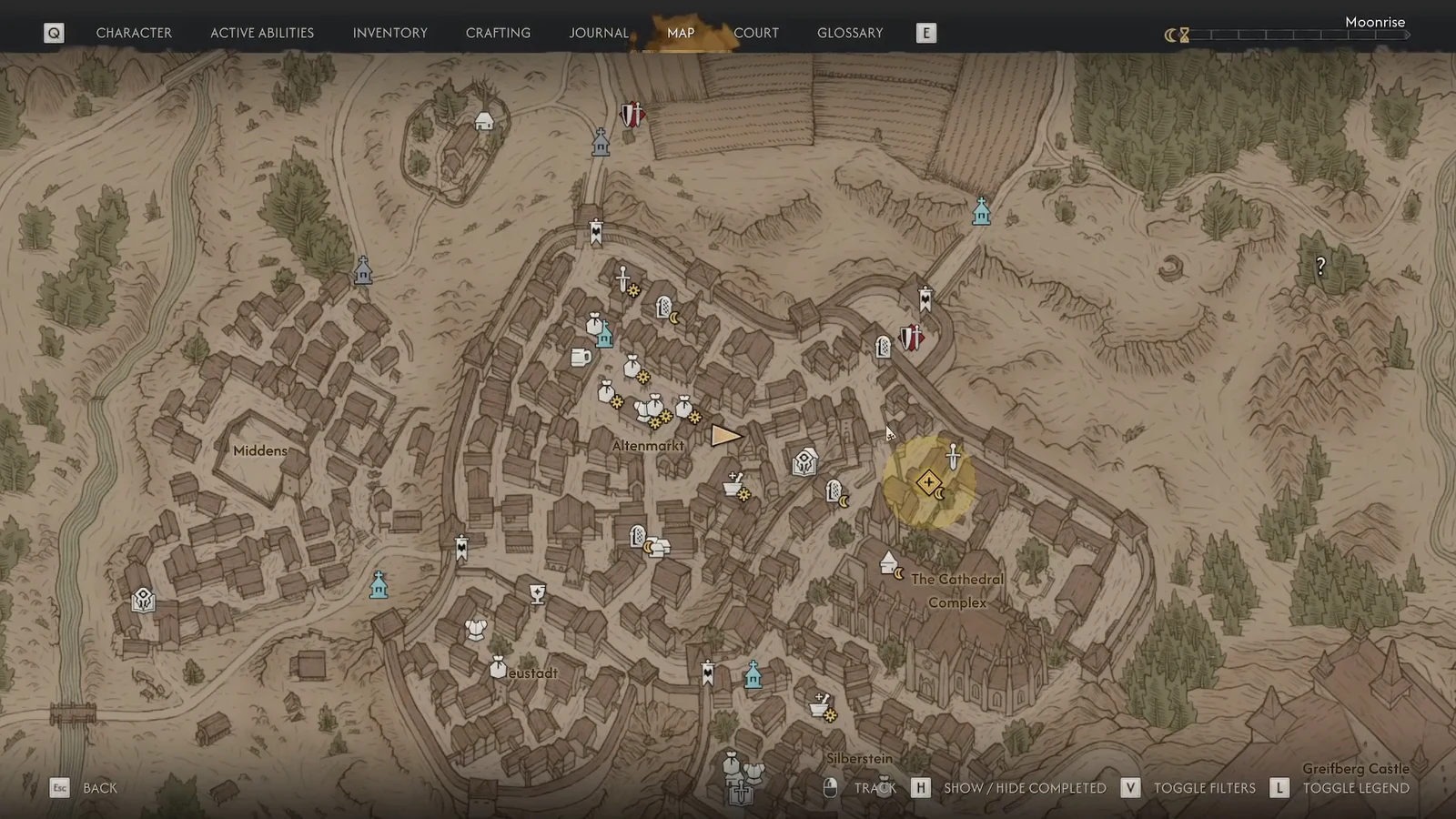 City map with the quest marker sitting beside The Cathedral Complex in Svartrau