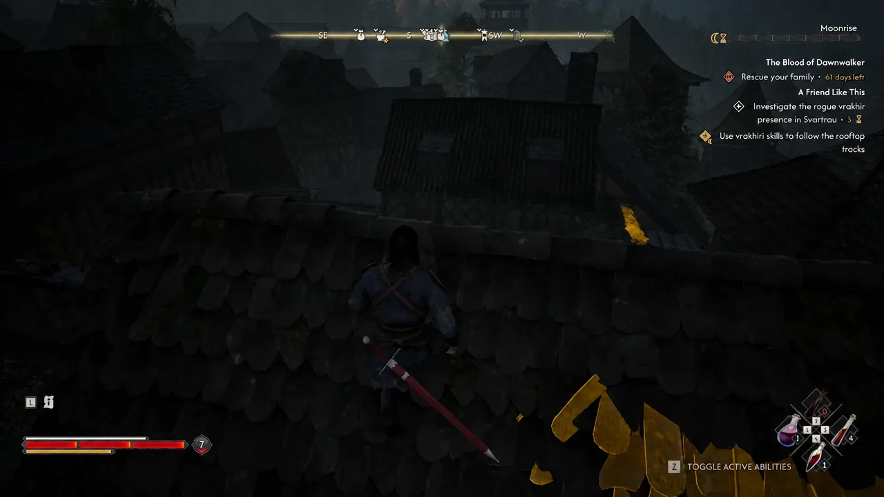 Coen climbing across Svartrau rooftops toward the next highlighted patch of damaged tiles