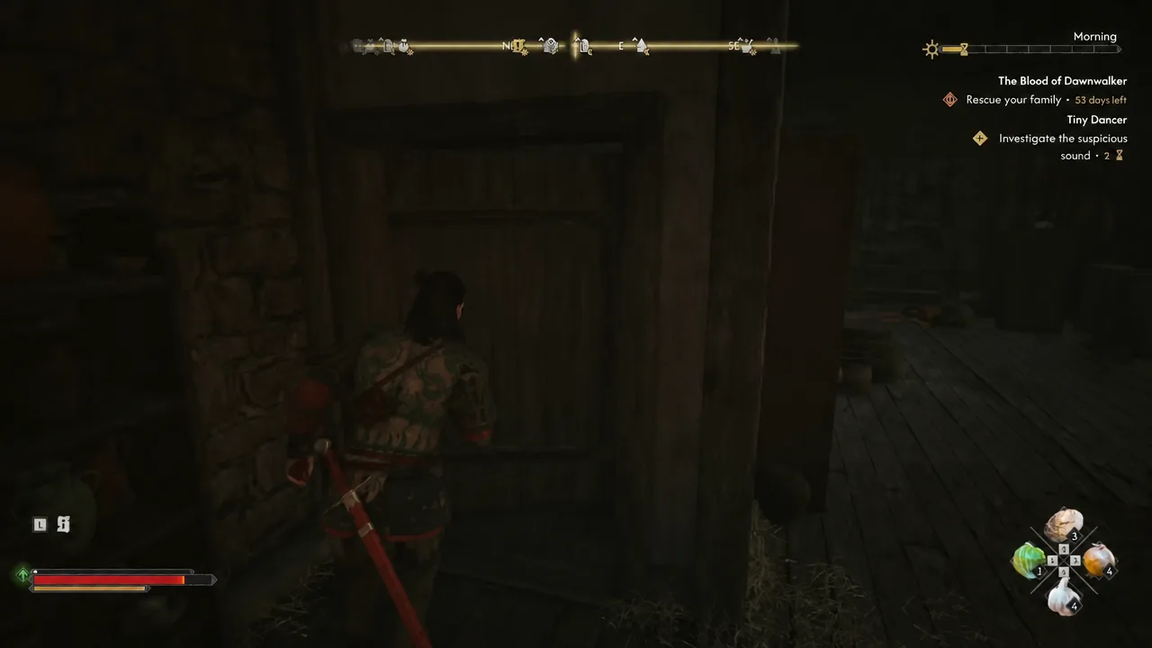 Player standing at the wooden stairwell door with the investigate the suspicious sound objective active