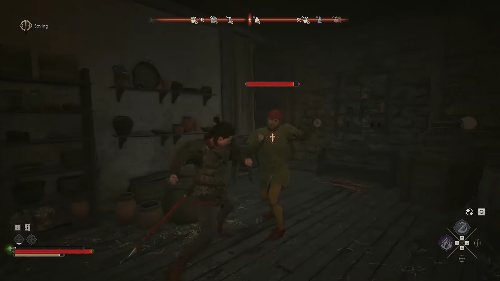 Melee exchange with the red-haired merchant inside the shop, his health bar showing above him