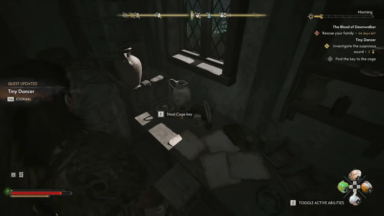 Steal Cage key interaction prompt highlighted on the desk beside the cage