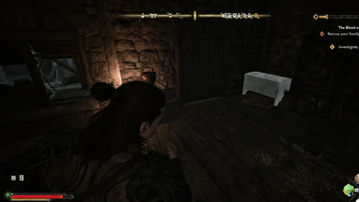 Player crouched and moving through a dark interior room with quest objectives listed in the corner