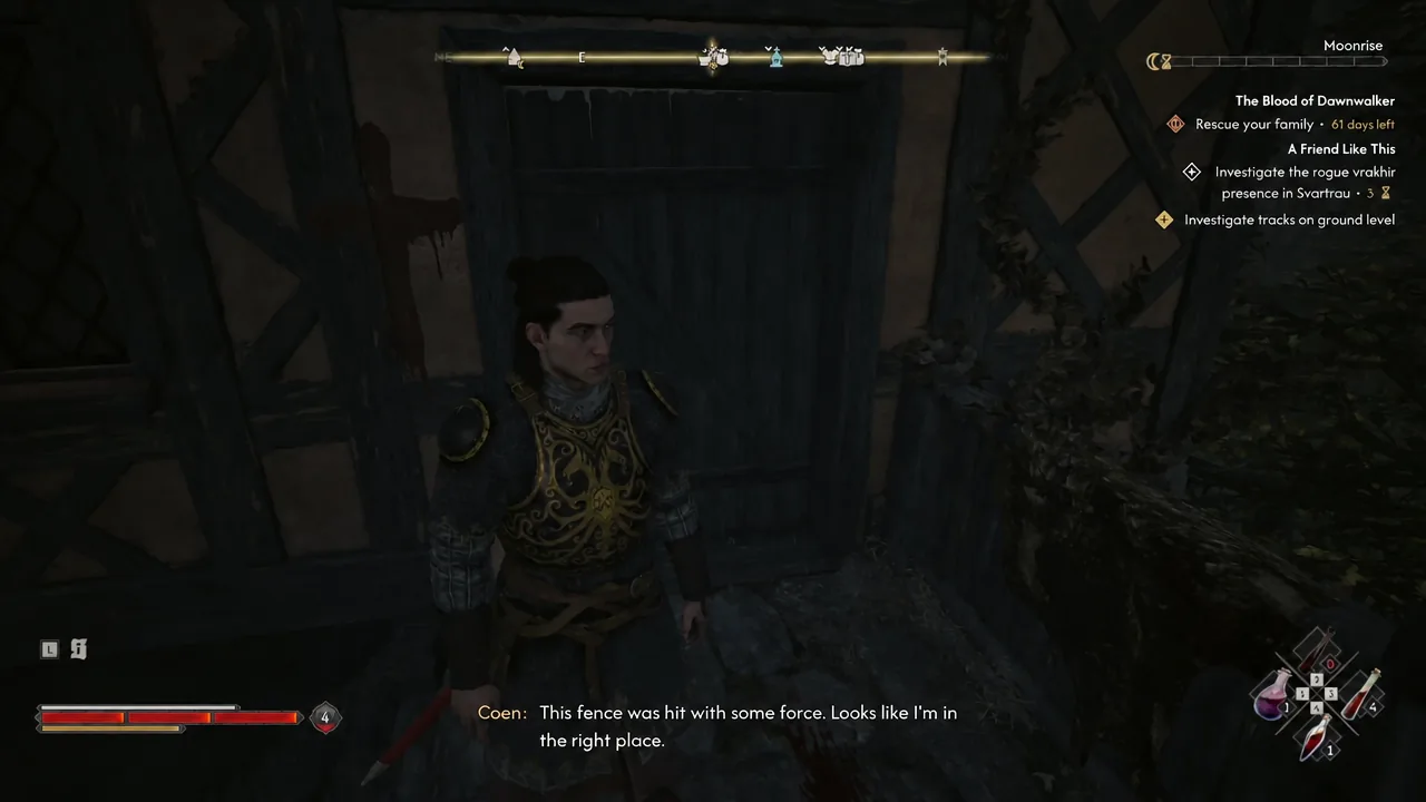 Coen inspecting a smashed wooden fence, the second ground-level clue