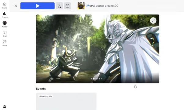 The Dueling Grounds experience page on Roblox with the blue Play button highlighted.
