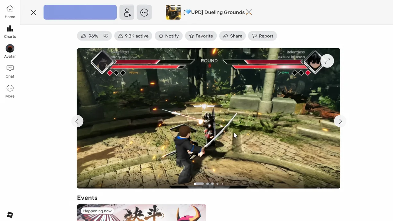 Dueling Grounds listing showing a gameplay screenshot of a sword duel in the image carousel.