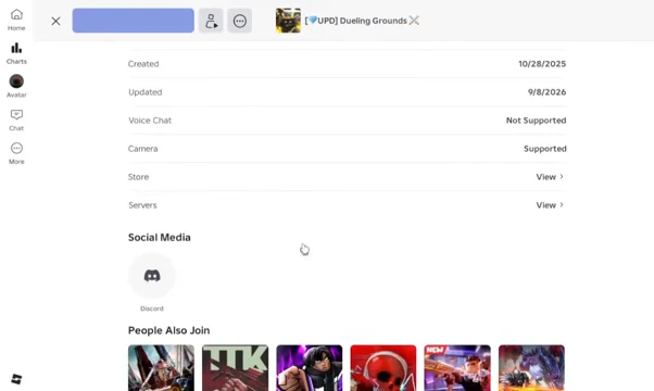 The Social Media row on the Dueling Grounds page with the Discord icon below the game's stats.