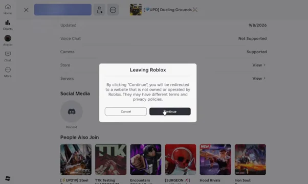 Roblox "Leaving Roblox" pop-up with Cancel and Continue buttons, Continue highlighted.