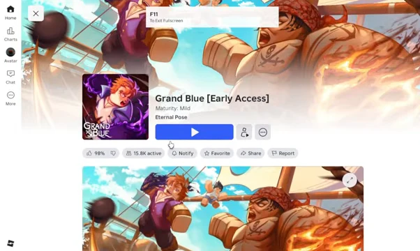 The Grand Blue experience page on Roblox showing the Play button ready to launch