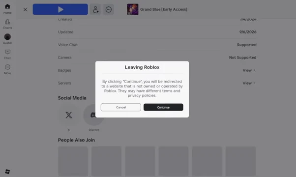 Leaving Roblox confirmation dialog with Continue and Cancel buttons before opening an external site