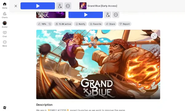 Grand Blue [Early Access] Roblox page with the blue Play button above the game artwork