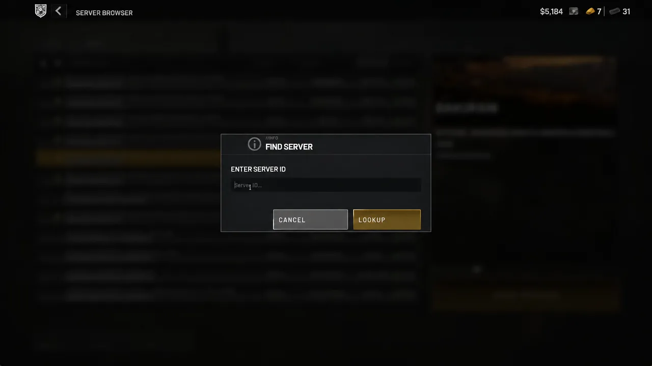 The Find Server box in the WARDOGS Server Browser with a six-digit ID typed in