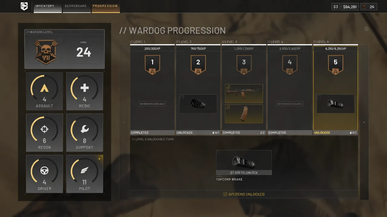 WARDOG progression screen showing the Level 5 Topcomp Brake and its 7,500 cash unlock cost