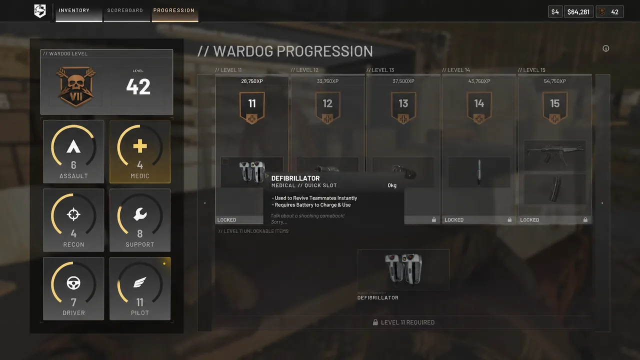 Medic track on the Wardog progression screen with the Defibrillator unlock tooltip open