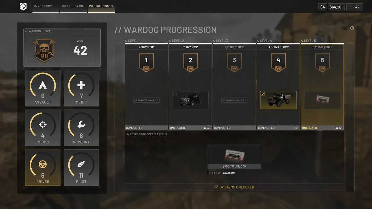 Driver progression tile highlighted on the Wardog progression screen with role levels visible