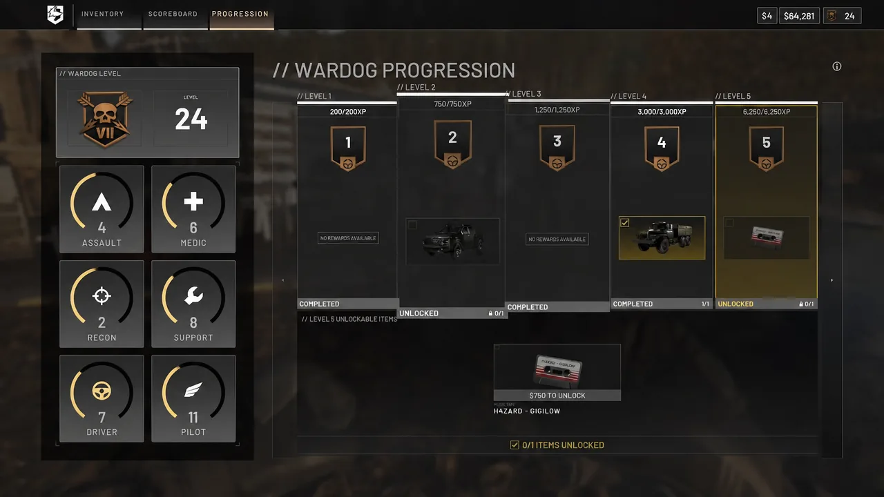 Wardog progression screen highlighting a Level 5 Driver reward and its unlock status