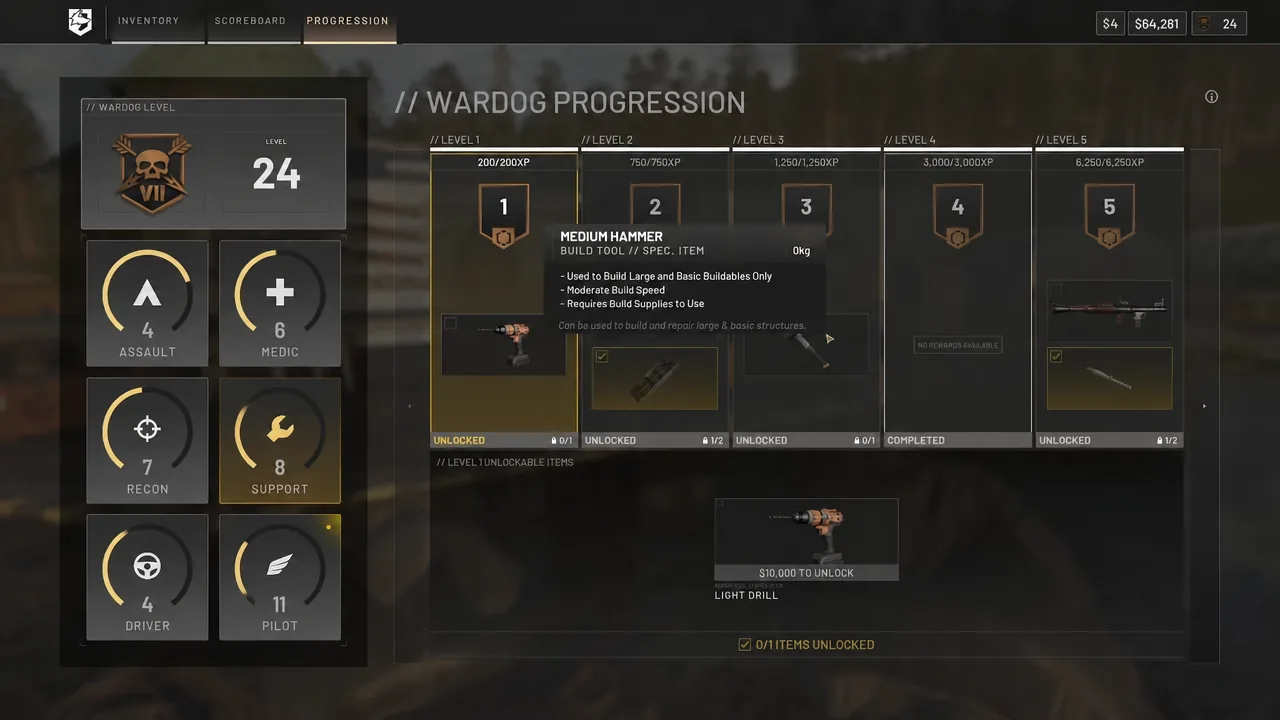 Support build-tool details for the hammer shown on the Wardog progression screen