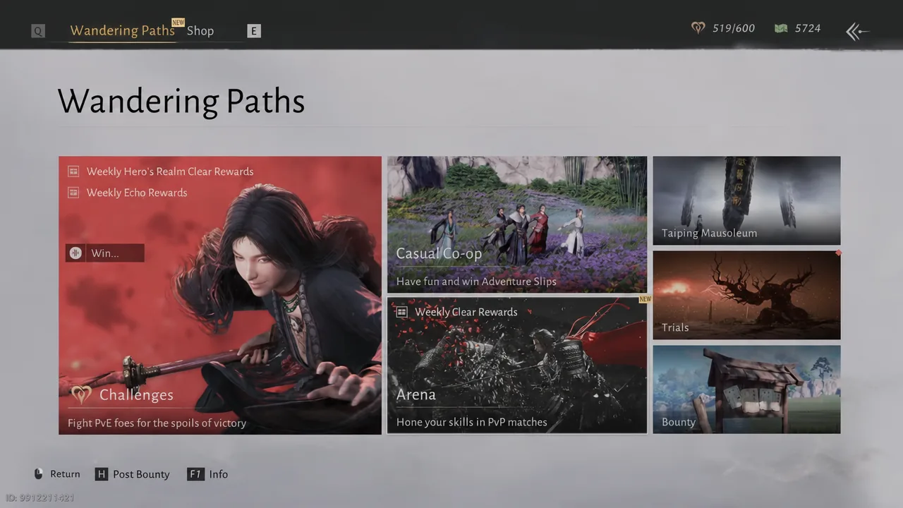 Wandering Paths menu with the Arena tile selected among the co-op and PvP options