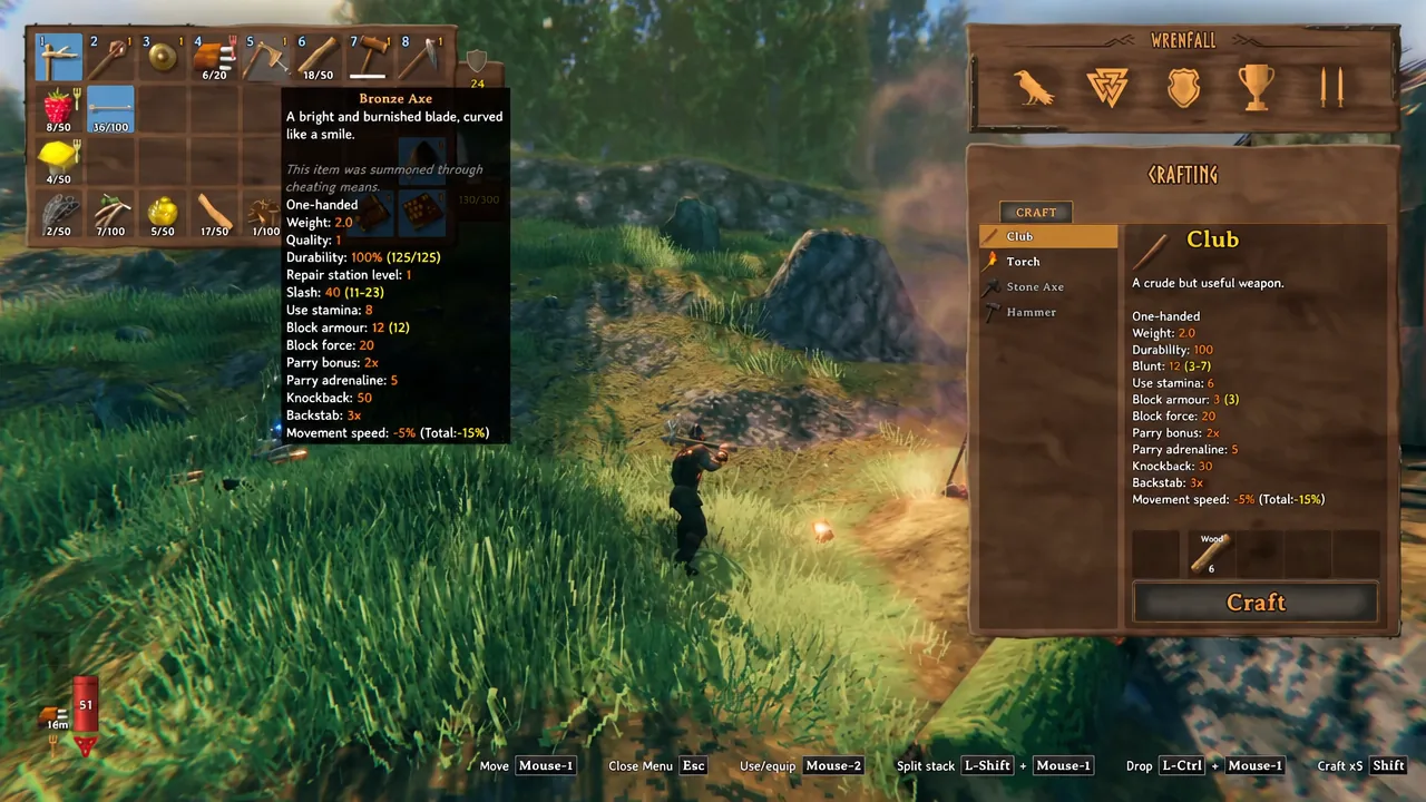 Valheim crafting menu with an item selected and the Craft button highlighted