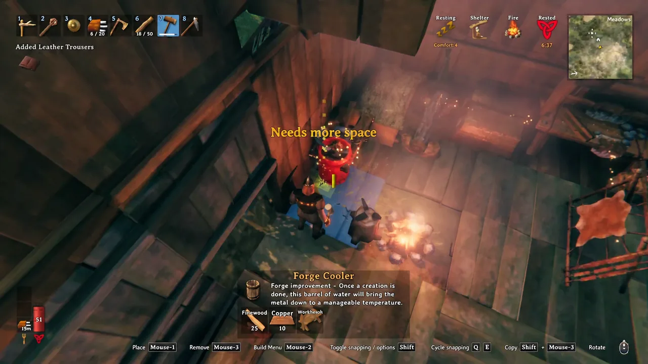 Forge Cooler placement preview blocked by a Needs more space warning