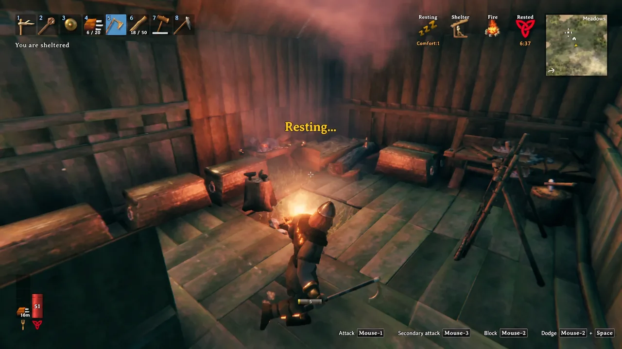 Player resting by a fire inside a covered cabin with the Resting status active