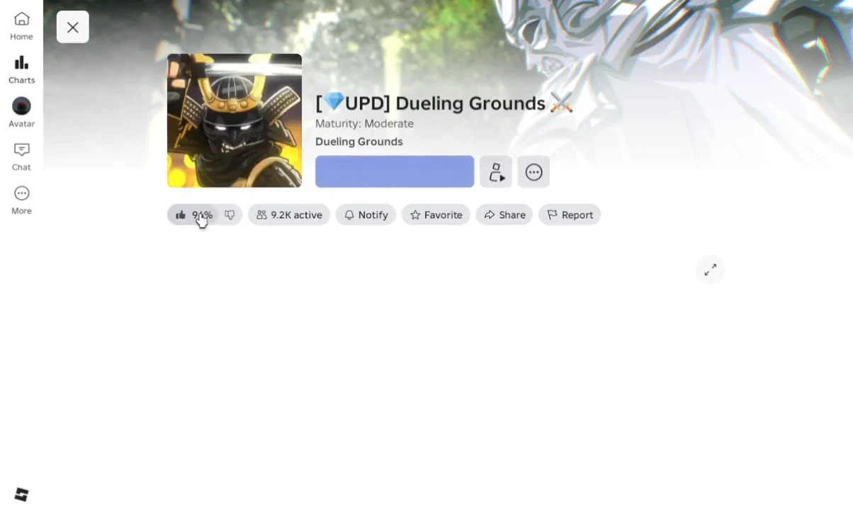 Dueling Grounds experience page on Roblox with the thumbs up rating control highlighted
