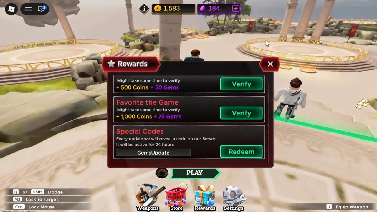 Dueling Grounds Rewards menu with a code typed into the Special Codes box next to the Redeem button