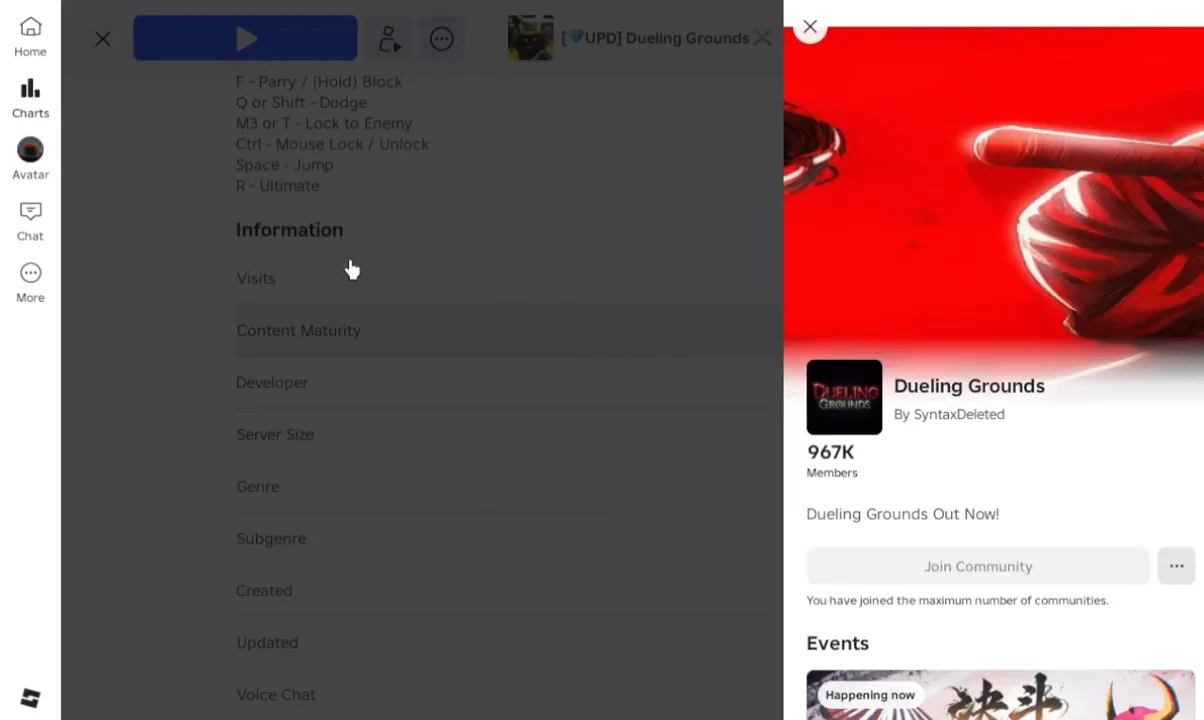 Dueling Grounds community page with a disabled Join Community button because the group limit was reached