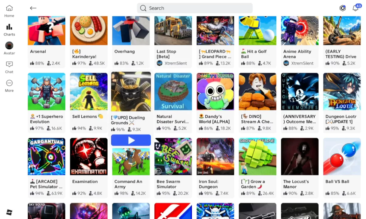 Roblox Discover page showing a grid of experience tiles below the search field