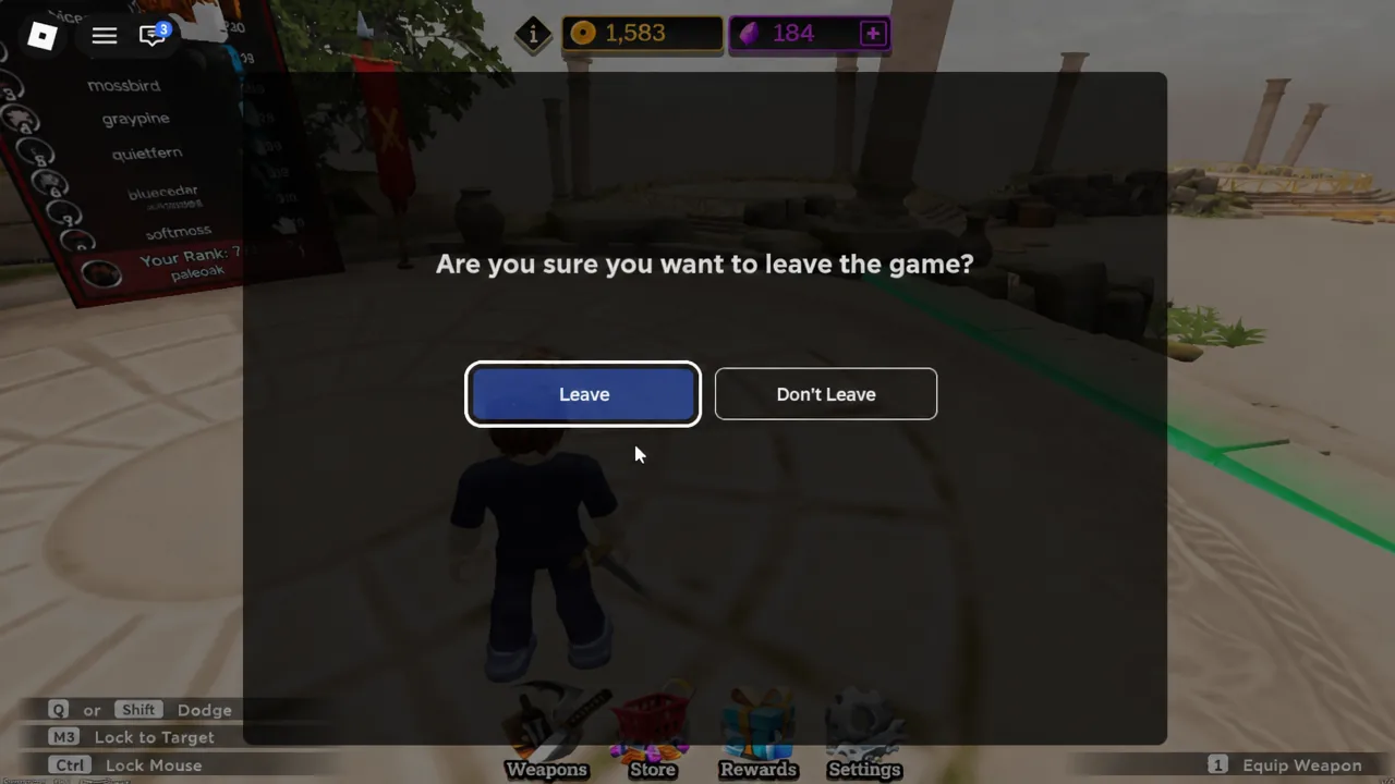 Roblox confirmation dialog asking whether you want to leave the game, with the Leave button highlighted