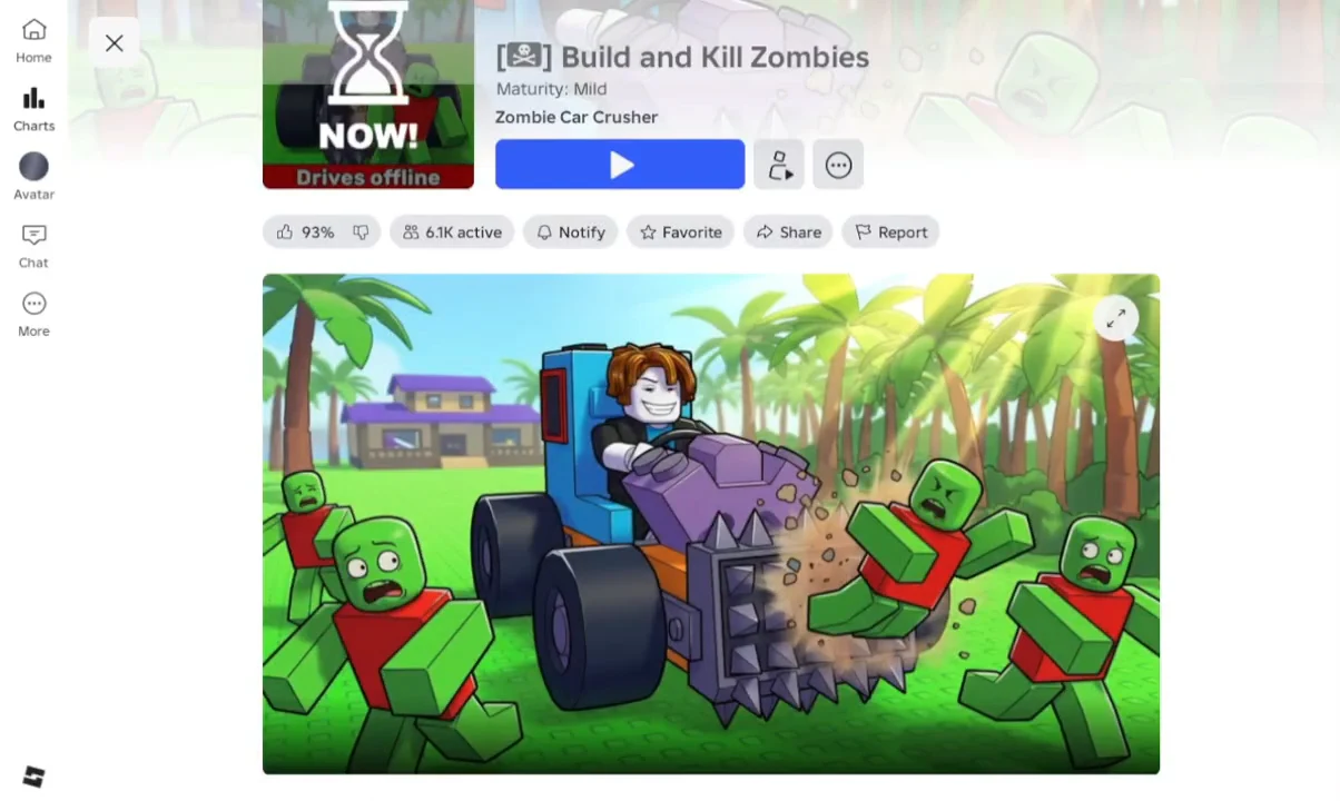 Build and Kill Zombies Roblox page showing the blue Play button