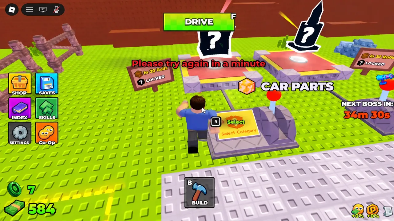 CAR PARTS screen showing the R prompt on Select to pick a category