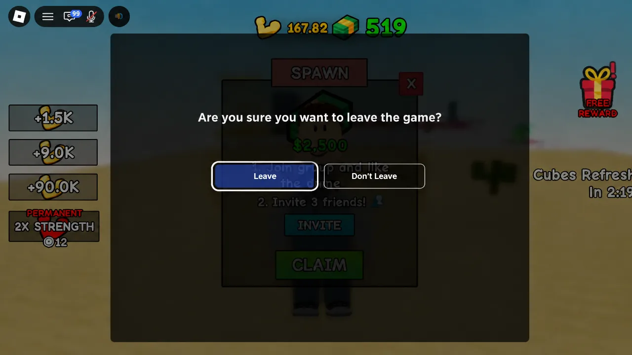 Roblox exit confirmation dialog with the Leave button highlighted