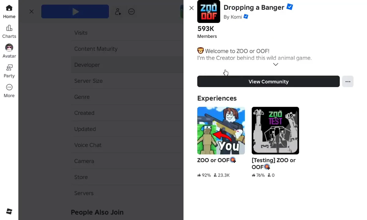 Roblox community pop-up panel with the View Community button available