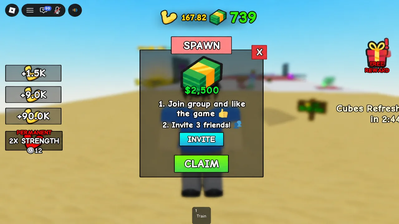 Lift a Cube reward prompt showing the $2,500 payout and the CLAIM button