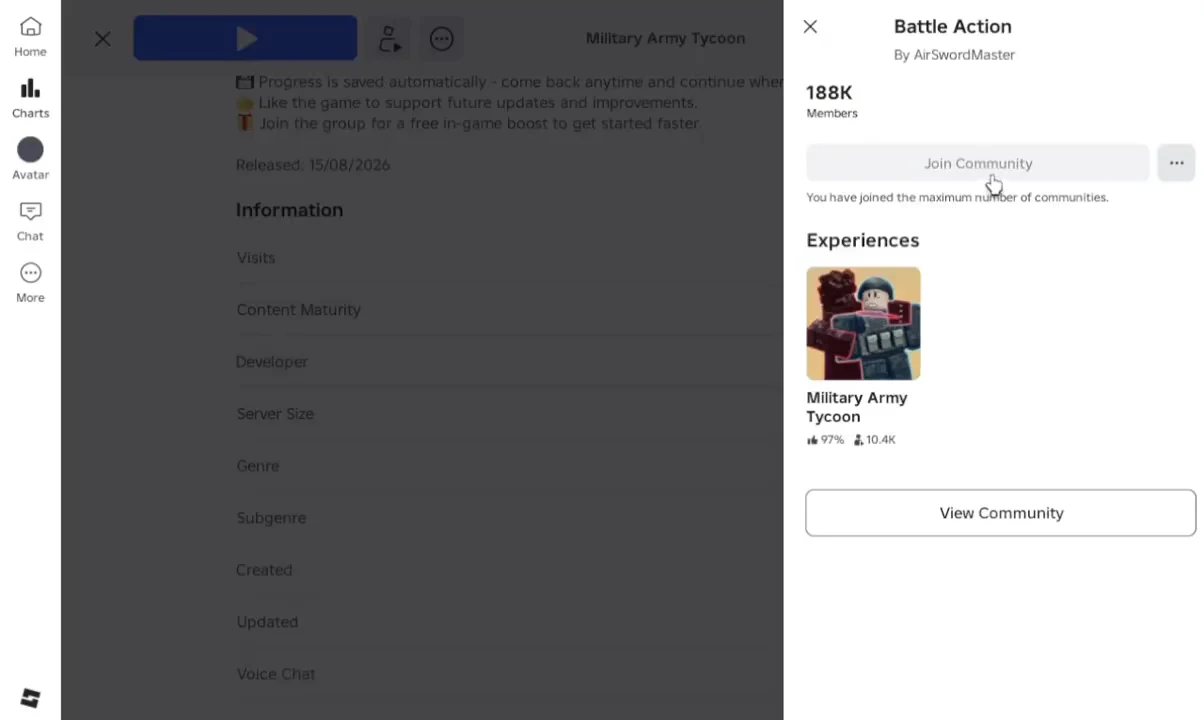Battle Action community page with the Join Community button disabled and a community limit message