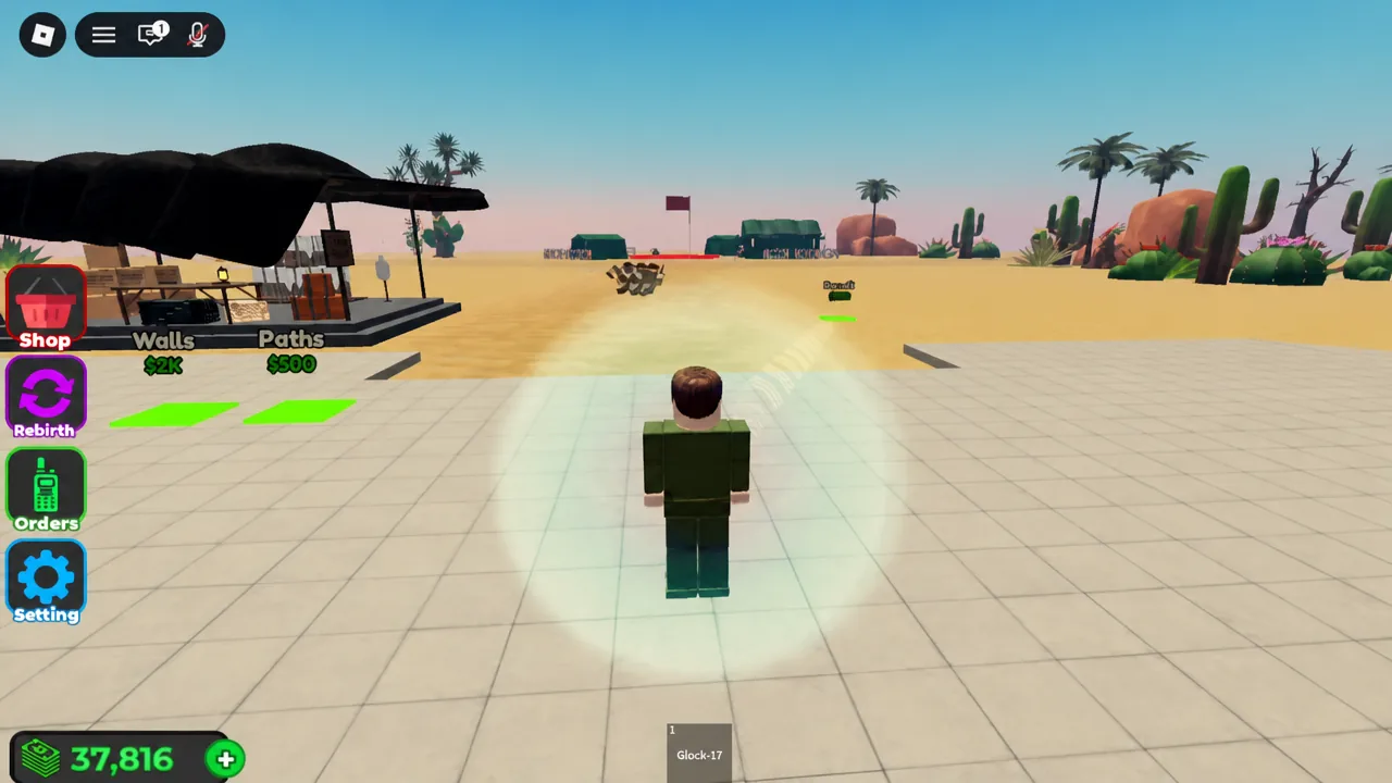 Buying a Barrack, Walls and a Dropper on the tycoon plot with in-game Cash