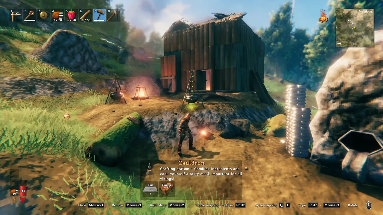 The Valheim build menu with the Cauldron selected and its Tin x10 cost shown
