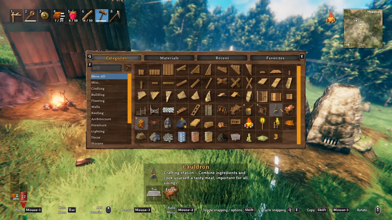 Valheim build menu with the Cauldron selected, showing its Tin cost and Forge requirement