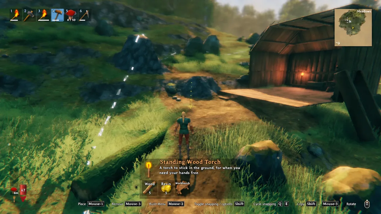 Build menu tabs in Valheim with an item selected and its material cost listed at the bottom