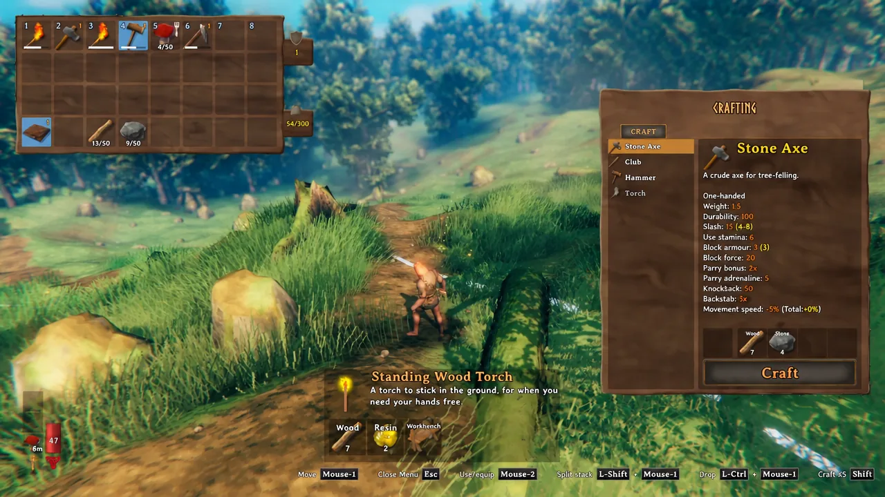 Valheim crafting menu open with a recipe selected and the Craft button available