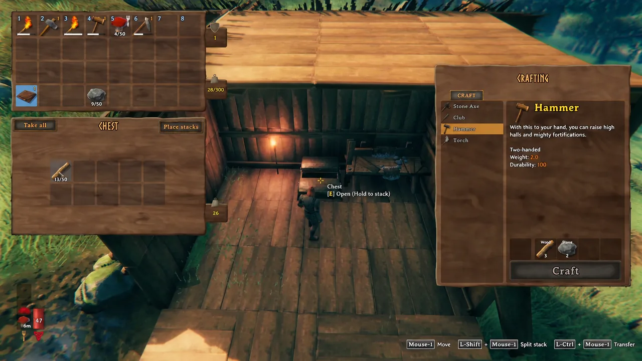 Hammer recipe highlighted in the Valheim crafting screen showing its wood and stone cost