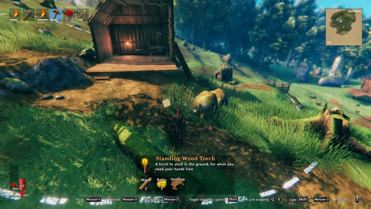Valheim build menu open with a piece highlighted and a placement preview in the world