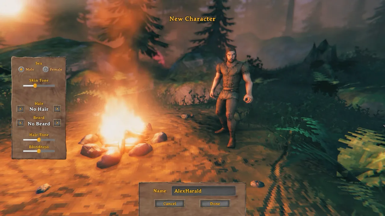 Valheim New Character screen with a name typed into the Name field