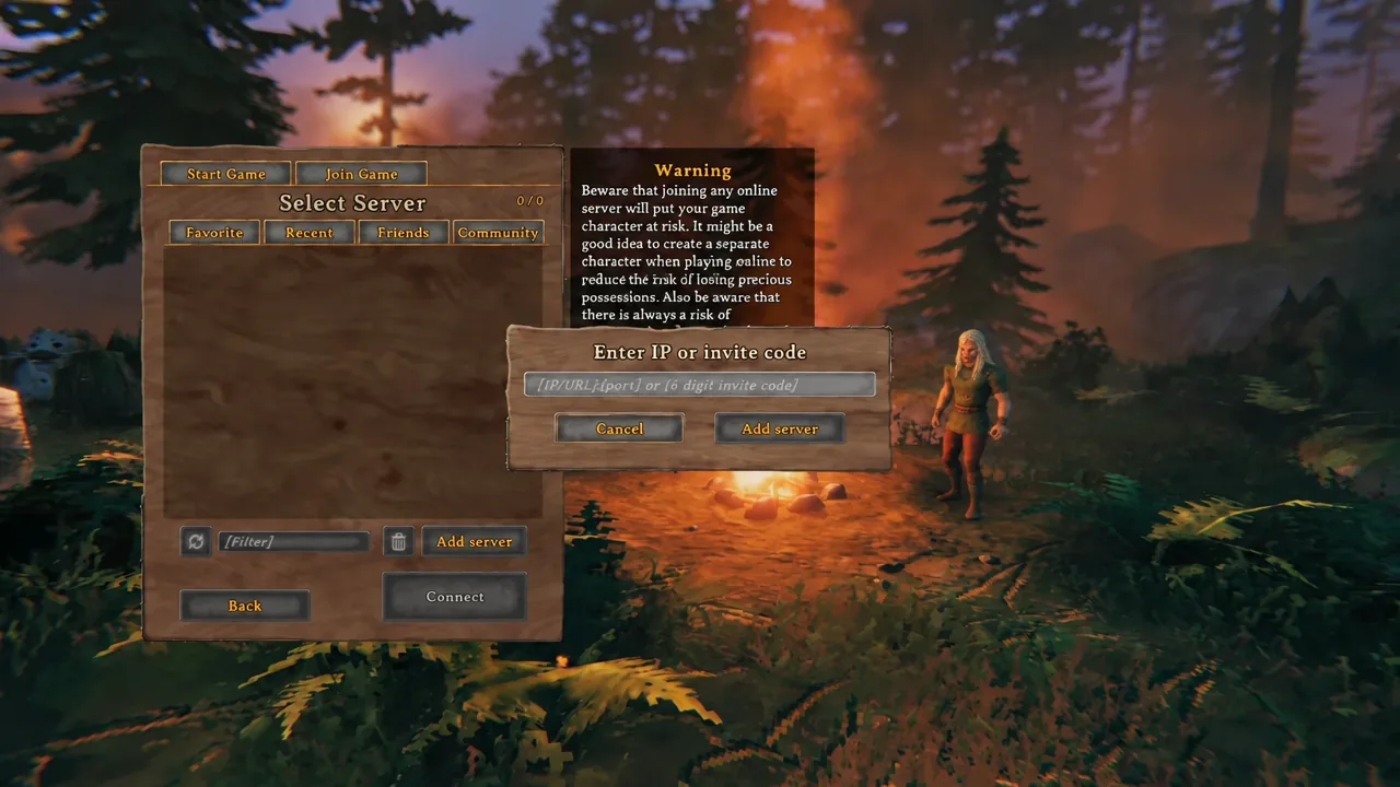 Valheim Select Server screen with the Add server dialog open for entering an IP or invite code